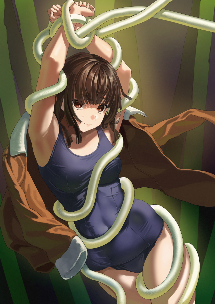 1girl absurdres arms_up bamboo bamboo_forest bangs blunt_bangs bound bound_arms bound_legs bound_torso breasts brown_coat brown_eyes brown_hair coat coat_on_shoulders commentary forest fur-trimmed_coat fur_trim hair_over_one_eye highres light_smile long_bangs looking_at_viewer medium_breasts medium_hair monogatari_(series) nature open_clothes open_coat school_swimsuit sengoku_nadeko snake standing swimsuit swimsuit_under_clothes zyaki