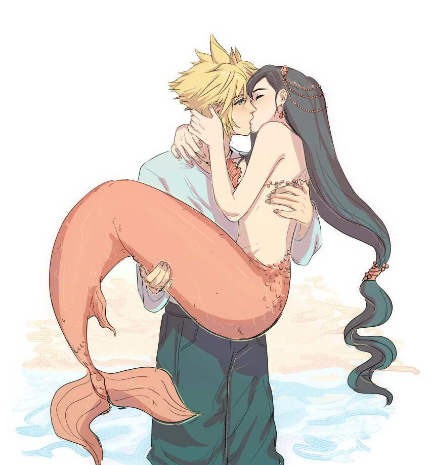 1boy 1girl black_hair blonde_hair blue_eyes blush breasts carrying cloud_strife couple earrings final_fantasy final_fantasy_vii final_fantasy_vii_remake hair_ornament highres jewelry kiss large_breasts long_hair looking_at_another low-tied_long_hair mermaid midriff monster_girl perlmuttt princess_carry scales shell shell_bikini spiked_hair tifa_lockhart