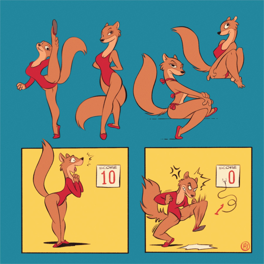 angry animalympics anthro bikini breasts brown_body brown_fur cleavage clothed clothing conditional_dnp female flexible fox-pop fur gulonine gymnast happy hi_res leotard mammal marten multiple_scenes mustelid musteline pose sable_(marten) solo stomping swimwear tatiana_tuschenko