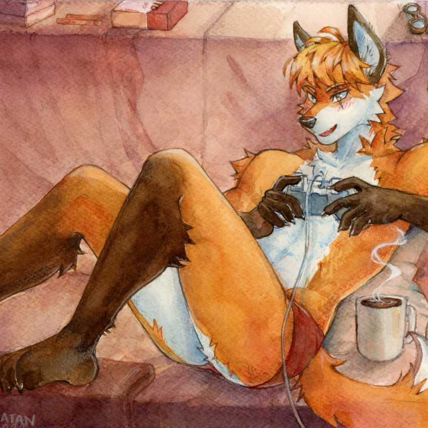 akatan_art anthro athletic athletic_anthro athletic_male beverage blush canid canine cigarette_box clothed clothing coffee coffee_mug fox gaming hair hi_res male mammal partially_clothed scar sitting solo underwear