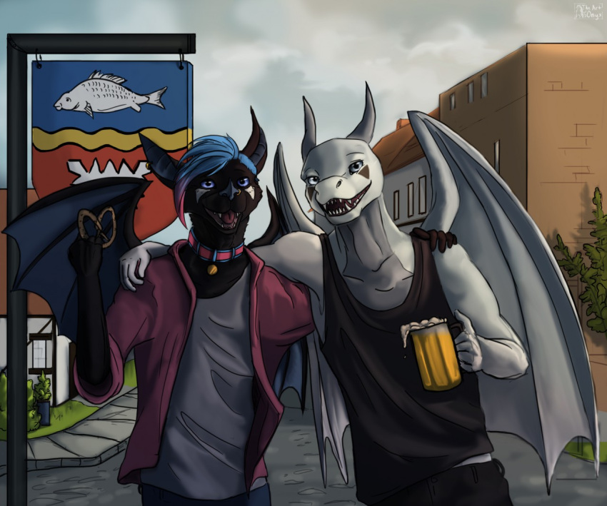 alcohol anthro batsy beer beverage building chiropteran city dragon duo elvor_xaetri food male male/male mammal millennium_millie_gryphon outside pretzel_(food) streets