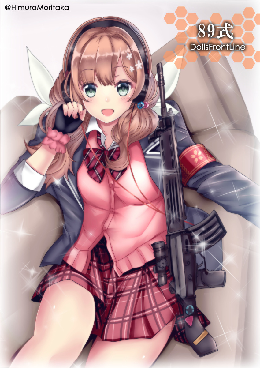 1girl absurdres aqua_eyes artist_name assault_rifle black_gloves bow brown_hair cardigan character_name collared_shirt fingerless_gloves girls'_frontline gloves gun hair_ribbon highres himura_moritaka howa_type_89 howa_type_89_(girls'_frontline) jacket long_hair long_sleeves open_mouth pink_cardigan pink_skirt plaid plaid_bow plaid_skirt ribbon rifle school_uniform shirt sitting skirt solo weapon white_shirt