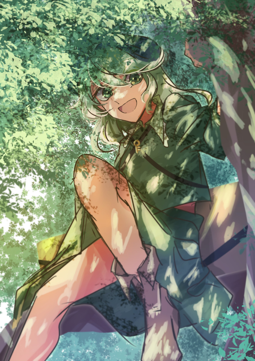 1girl :d absurdres backpack bag bangs blue_headwear boots boureisakura brown_legwear green_eyes green_hair green_jacket green_skirt highres jacket key knee_up leaf long_sleeves looking_at_viewer medium_hair midriff_peek one-hour_drawing_challenge skirt skirt_set smile solo touhou tree