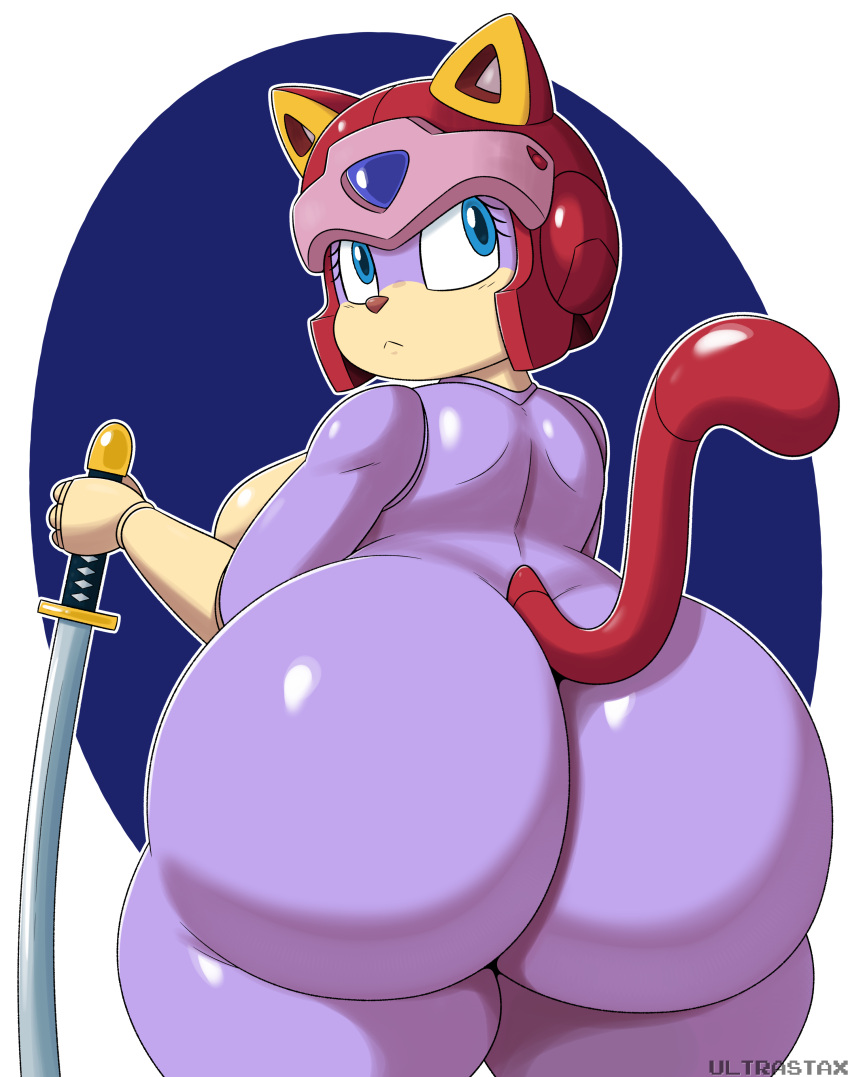 2022 absurd_res anthro armor big_butt breasts bubble_butt butt domestic_cat felid feline felis female headgear helmet hi_res huge_butt looking_back mammal melee_weapon polly_esther purple_body samurai samurai_pizza_cats short_stack side_boob simple_background solo sword thick_thighs ultrastax warrior weapon