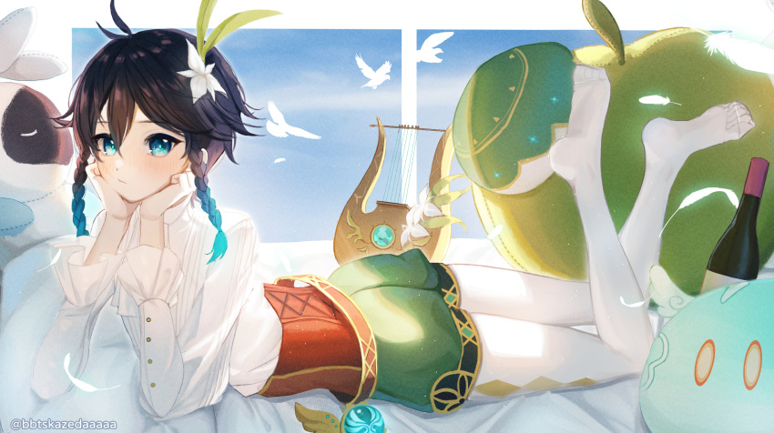 1boy androgynous bbtskazedaaaaa bird black_hair blue_eyes blue_hair blush colored_tips flower full_body genshin_impact hair_flower hair_ornament head_rest highres looking_at_viewer lying lyre male_focus multicolored_hair on_stomach otoko_no_ko pillow solo stuffed_animal stuffed_toy venti_(genshin_impact)