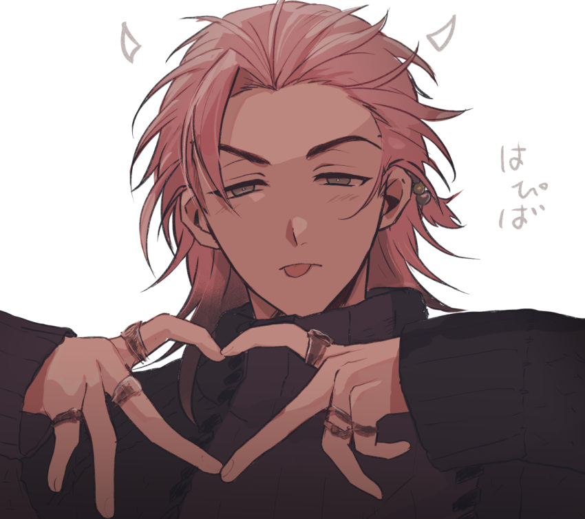 1boy :p aju222 beads black_hair colored_tips drawn_horns fake_horns grey_eyes hair_beads hair_ornament half-closed_eyes hands_up heart heart_hands horns jewelry long_sleeves looking_at_viewer male_focus medium_hair multicolored_hair multiple_rings nanatsumori_minoru pink_hair ring short_hair simple_background solo streaked_hair sweater tokimeki_memorial tokimeki_memorial_girl's_side_4th_heart tongue tongue_out turtleneck turtleneck_sweater white_background
