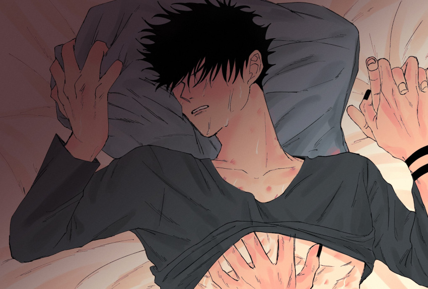 2boys arm_tattoo bangs black_hair black_nails blush clothes_lift collarbone commentary_request fushiguro_megumi fushirun_rung grabbing hand_under_clothes hand_under_shirt hickey highres holding_hands interlocked_fingers jujutsu_kaisen long_sleeves lying male_focus multiple_boys on_back on_bed pectoral_grab pectorals pillow pillow_grab ryoumen_sukuna_(jujutsu_kaisen) shirt shirt_lift short_hair spiked_hair sweat tattoo yaoi