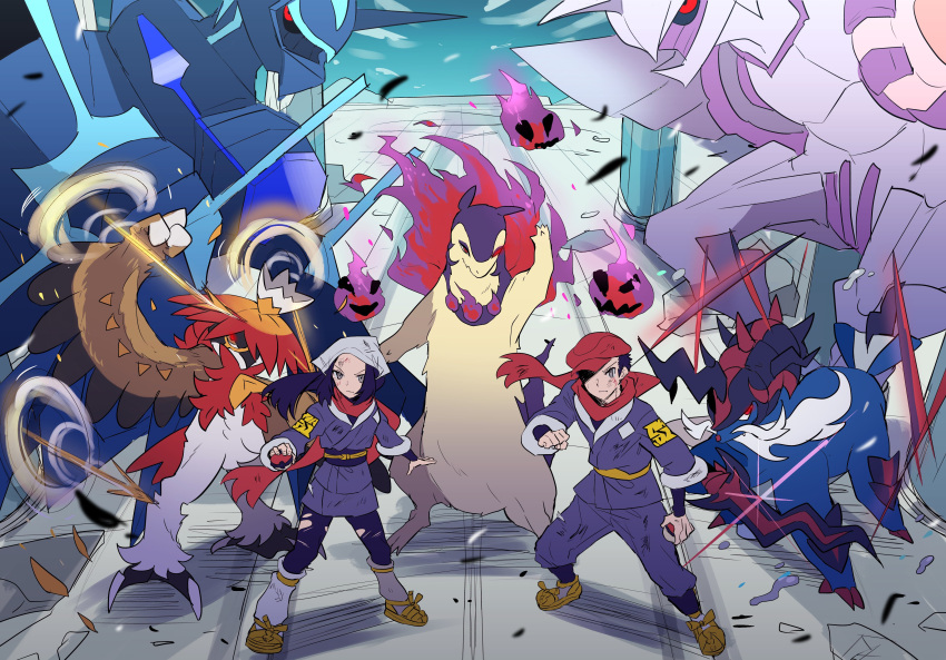 1boy 5others absurdres akari_(pokemon) arm_up beret black_sash blood blood_on_face blue_fur blue_kimono blue_legwear blue_pants blue_sky brown_feathers bruise bruise_on_face ceaseless_edge_(pokemon) cloud debris dialga dialga_(origin) floating_scarf frown fuji_den_fujiko galaxy_expedition_team_survey_corps_uniform glowing glowing_eyes hat head_scarf highres hisuian_decidueye hisuian_samurott hisuian_typhlosion holding holding_poke_ball infernal_parade_(pokemon) injury jacket japanese_clothes kimono leaf leaves_in_wind leg_warmers leggings loose_socks multiple_others obi orthodoxia_(vocaloid) palkia palkia_(origin) pants poke_ball poke_ball_(legends) pokemon pokemon_(creature) pokemon_(game) pokemon_legends:_arceus red_eyes red_headwear red_scarf rei_(pokemon) ruins sash scarf serious sky spoilers temple torn_clothes torn_legwear triple_arrows_(pokemon) v-shaped_eyebrows will-o'-the-wisp_(mythology)