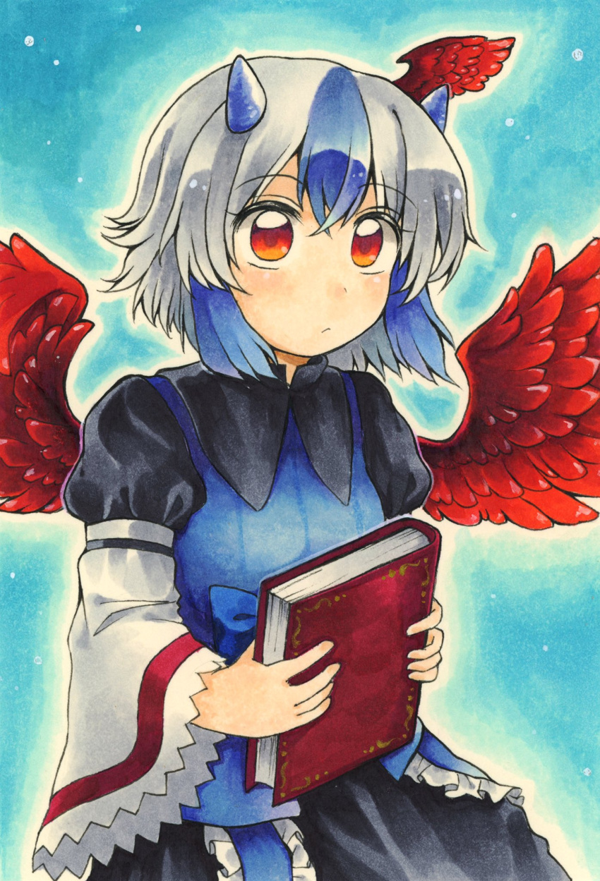 1girl bangs bird_wings black_dress blue_hair blue_vest book dress eyebrows_visible_through_hair feathered_wings grey_hair head_wings highres holding holding_book horns long_sleeves maa_(forsythia1729) marker_(medium) multicolored_hair red_eyes red_wings short_hair single_head_wing tokiko_(touhou) touhou traditional_media two-tone_hair vest wide_sleeves wings