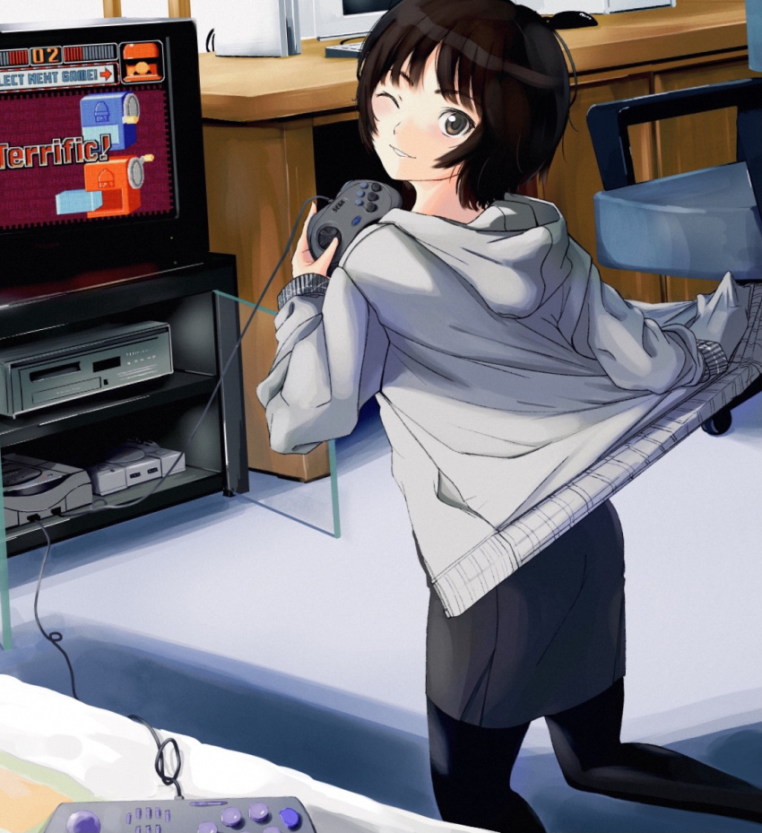 1girl amagami bangs black_legwear black_sky blush brown_eyes brown_hair chair commentary computer controller crt desk dvd_player from_behind from_side game_console game_controller glass_door grey_hoodie hand_in_pocket highres holding holding_controller holding_game_controller hood hood_down hoodie hoodie_lift irodori-classical keyboard_(computer) kneeling lifted_by_self looking_at_viewer looking_back messy_hair monitor mouse_(computer) office_chair one_eye_closed pantyhose parted_lips pencil_skirt playstation sega_mega_drive short_hair skirt smile solo tachibana_miya television