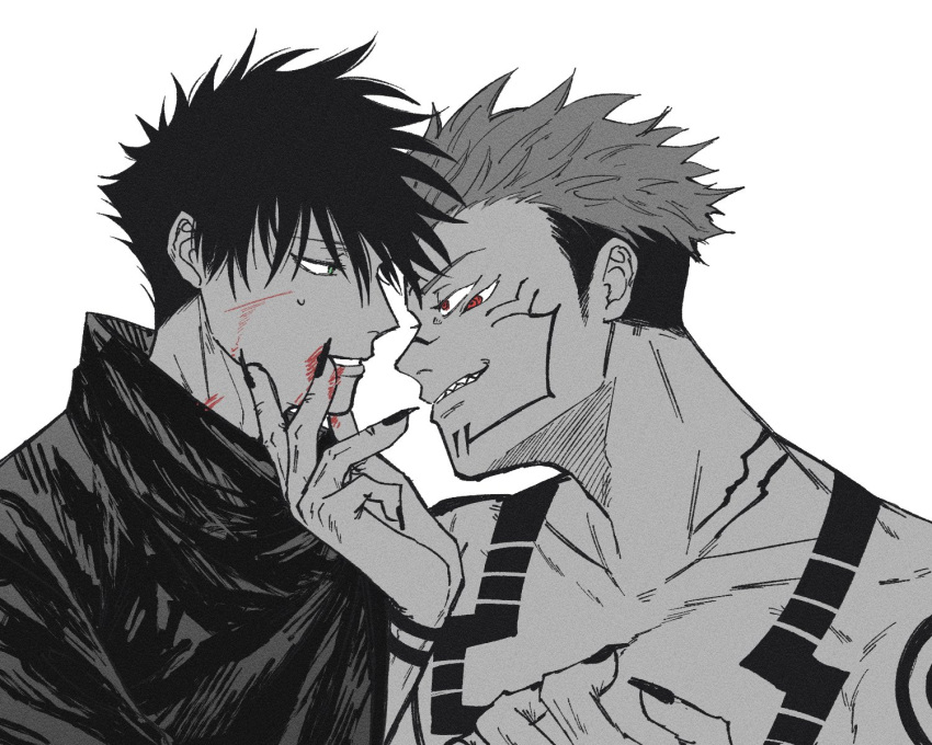 2boys chest_tattoo commentary_request extra_eyes facial_tattoo fingernails fushiguro_megumi fushirun_rung green_eyes hand_on_another's_chin hand_on_another's_face high_collar highres jacket jujutsu_kaisen long_sleeves looking_at_another male_focus monochrome multiple_boys nail_polish red_eyes ryoumen_sukuna_(jujutsu_kaisen) scratches sharp_fingernails sharp_teeth short_hair shoulder_tattoo smirk spiked_hair spot_color sweatdrop tattoo teeth topless_male undercut upper_body yaoi