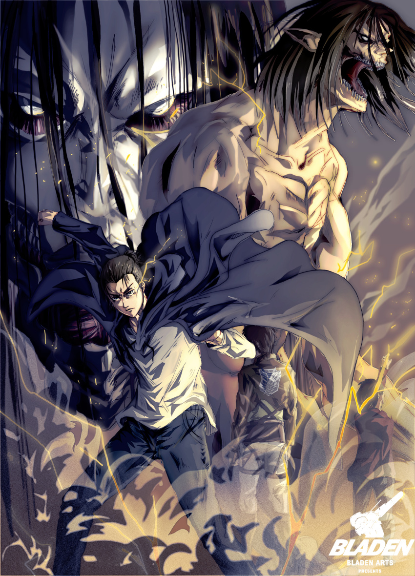 1boy absurdres black_hair bladen_art commentary electricity emblem empty_eyes english_commentary eren_yeager highres jacket long_sleeves looking_at_viewer male_focus monster muscular night open_mouth paradis_military_uniform pointy_ears shingeki_no_kyojin shirt short_hair steam teeth titan white_shirt wind wind_lift younger