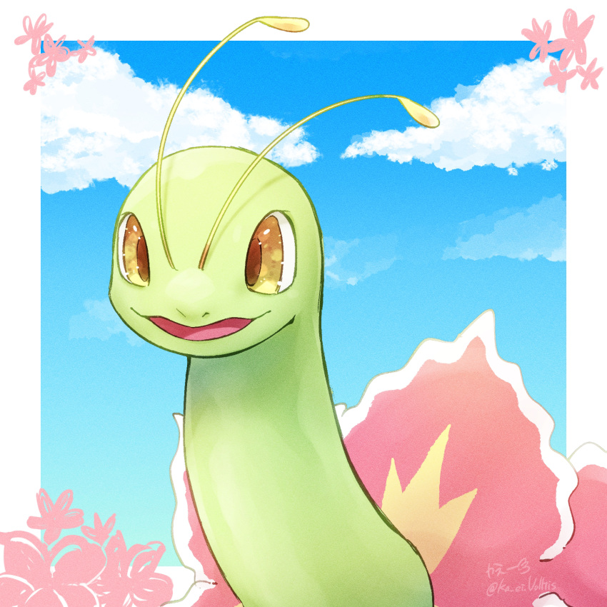 :3 animal_focus antennae artist_name blue_sky border cloud commentary day happy highres ka_ei_volltis looking_at_viewer meganium no_humans open_mouth outdoors outside_border pokemon pokemon_(creature) signature sky smile solo twitter_username upper_body white_border yellow_eyes
