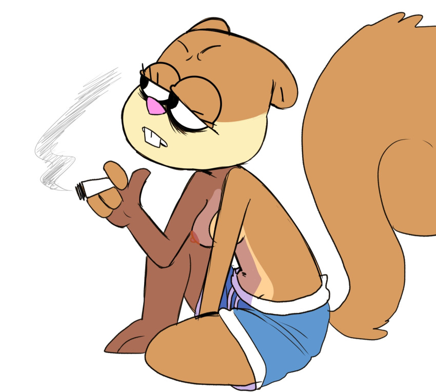 breasts cigarette female hi_res mammal nickelodeon nipples rodent sandy_cheeks sciurid simple_background smoke solo spongebob_squarepants white_background