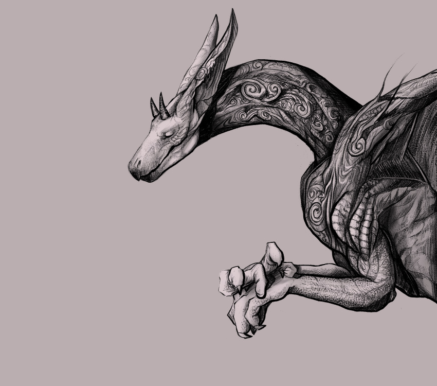 anatomically_correct digital_drawing_(artwork) digital_media_(artwork) dragon feral hi_res king-owl male monochrome paws scales shaded simple_background solo solo_focus