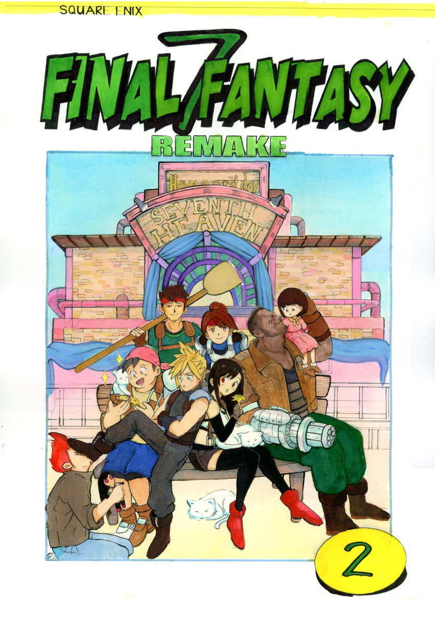 3girls 5boys absurdres barret_wallace biggs_(ff7) black_hair black_skirt blonde_hair blue_eyes boots broom brown_hair cat child cloud_strife cover cover_page dark-skinned_male dark_skin detached_sleeves dress final_fantasy final_fantasy_vii final_fantasy_vii_remake flower gloves gun highres holding holding_broom holding_flower hugo_artist jacket jessie_rasberry johnny_(ff7) long_hair marlene_wallace multiple_boys multiple_girls pink_dress red_eyes red_footwear red_hair sitting skirt spiked_hair thighhighs tifa_lockhart traditional_media weapon wedge_(ff7)