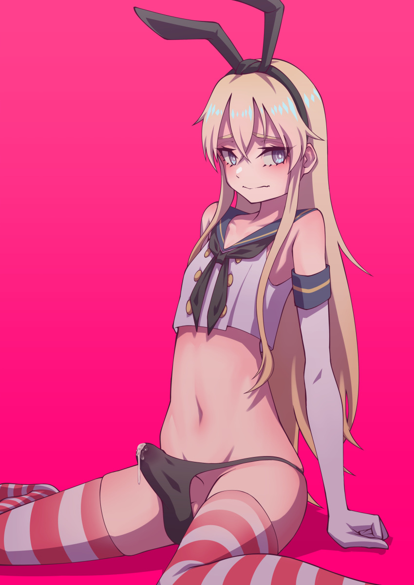 1boy absurdres ass bangs black_hairband blonde_hair blush bulge crop_top crossdressing cum cum_in_clothes cum_through_clothes ejaculation_under_clothes elbow_gloves erection erection_under_clothes genderswap genderswap_(ftm) gloves grey_eyes hairband hej highleg highleg_panties highres kantai_collection long_hair looking_at_viewer male_focus navel otoko_no_ko panties pink_background sailor_collar shimakaze-kun shimakaze_(kancolle) skinny solo thighhighs underwear white_gloves