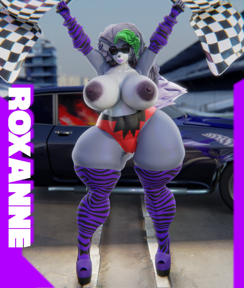 2022 3d_(artwork) anthro areola big_breasts black_bottomwear black_clothing black_nose black_stripes blurred_background bottomwear breasts building camel_toe canid canine canis car character_name checkered_flag clothed clothing digital_media_(artwork) ear_piercing ear_ring eyewear female five_nights_at_freddy's five_nights_at_freddy's:_security_breach flag footwear full-length_portrait green_hair green_highlights hair hi_res highlights_(coloring) holding_flag holding_object huge_breasts legwear lips lipstick makeup mammal multicolored_bottomwear multicolored_clothing multicolored_hair multiple_piercings nipples outside pattern_clothing pattern_legwear piercing platform_footwear portrait purple_clothing purple_footwear purple_legwear purple_lips purple_lipstick purple_tail red_bottomwear red_clothing road roxanne_wolf_(fnaf) scottgames shaded skimpy sky solo standing striped_clothing striped_legwear stripes sunglasses sunr4y thick_thighs topless two_tone_bottomwear two_tone_clothing two_tone_hair vehicle video_games white_hair wolf