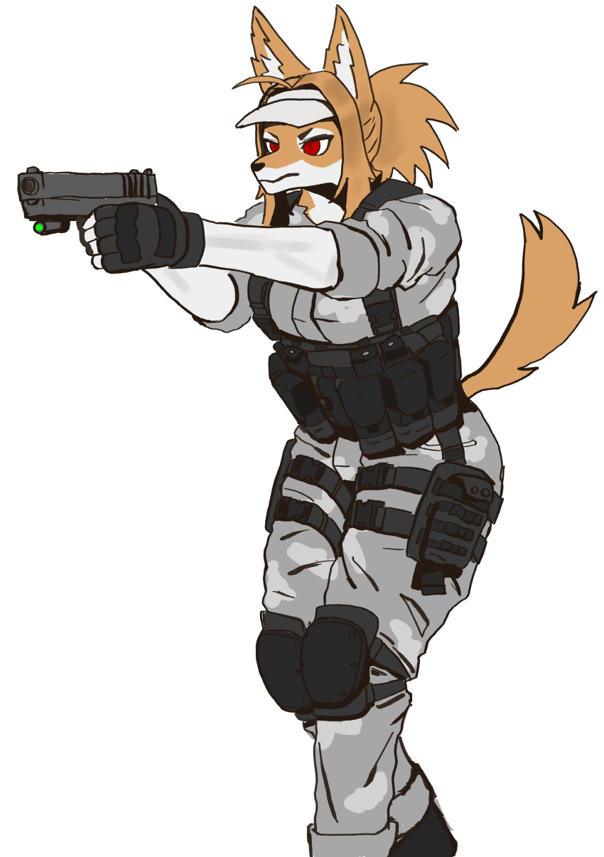 absurd_res aiming anthro biped brown_body brown_fur brown_hair camo camo_clothing camo_print canid canine canis clothed clothing female fighting_pose fully_clothed fur gun hair handgun hat headgear headwear hi_res holding_object holding_weapon im51nn5 mammal pattern_clothing pistol pose raised_tail ranged_weapon red_eyes simple_background solo standing visor_cap weapon white_background wolf