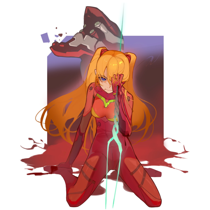 1girl 864577946 bangs blood blood_on_ground blue_eyes bodysuit breasts closed_mouth commentary end_of_evangelion eva_02 full_body hair_over_one_eye highres kneeling long_hair looking_at_viewer mecha neon_genesis_evangelion one_eye_covered orange_hair plugsuit red_bodysuit solo souryuu_asuka_langley twintails white_background