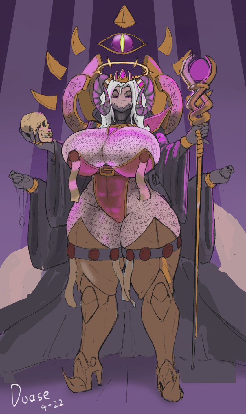 2022 absurd_res anthro armor big_breasts bone bracelet breasts chausses curvy_figure digital_media_(artwork) dragon duase female hi_res horn huge_breasts jewelry looking_at_viewer magic_user multi_arm multi_limb runes scalie skull solo staff thick_thighs unconvincing_armor voluptuous wide_hips