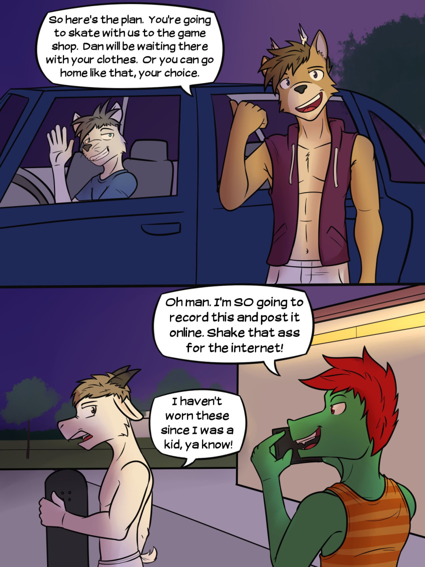 anthro bovid briefs caprine car casey_ramser cellphone cervid clothed clothing comic dan_(fuze) dialogue diego_abel english_text fully_clothed fuze goat group hi_res holding_cellphone holding_object holding_phone holding_skateboard hoodie in_car male mammal mouse murid murine navel night noah_(fuze) open_clothing open_hoodie open_topwear phone rodent shirt skateboard sleeveless_hoodie tank_top texnatsu text tighty_whities topless topwear underwear underwear_only vehicle white_clothing white_underwear