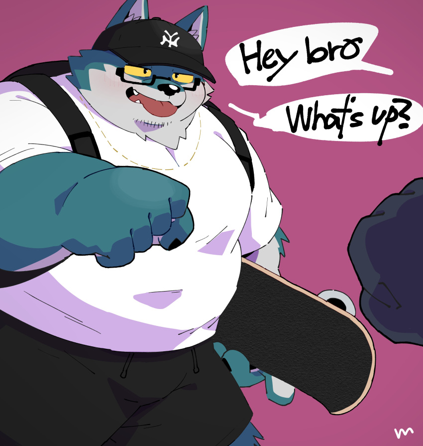 2022 absurd_res anthro belly big_belly bottomwear canid canine canis clothing domestic_dog english_text eyewear glasses hat headgear headwear hi_res humanoid_hands kemono male mammal overweight overweight_male shirt shorts simple_background skateboard solo_focus text tongue tongue_out topwear uokkom