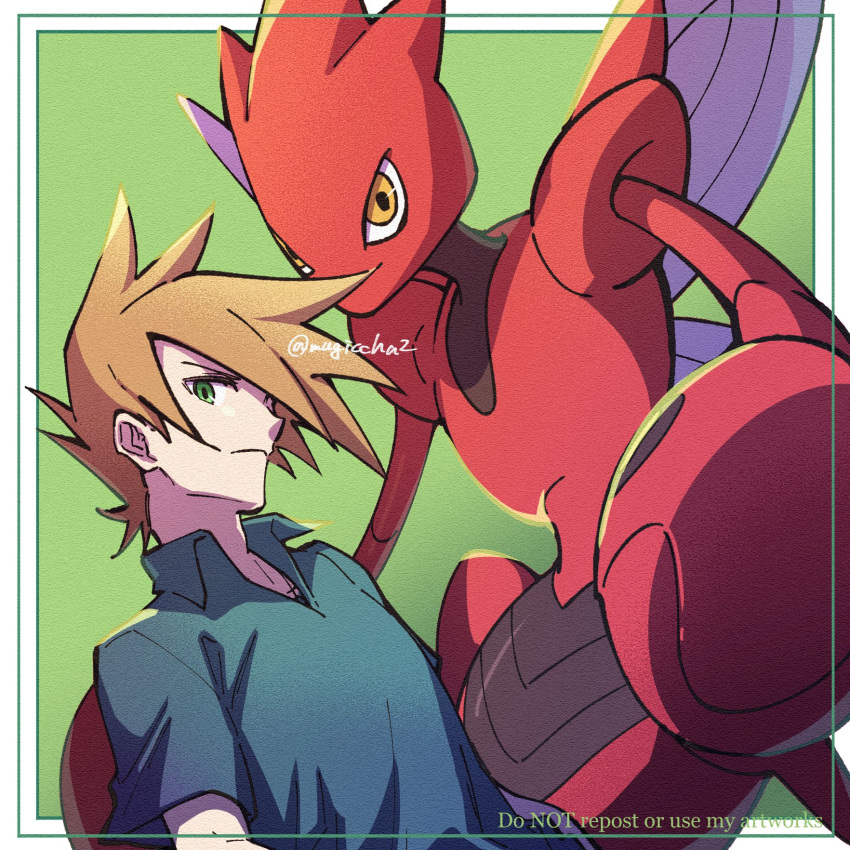 1boy bangs blue_oak border brown_hair closed_mouth collared_shirt commentary_request film_grain framed green_background green_shirt highres looking_at_viewer male_focus mugiccha2 pokemon pokemon_(creature) pokemon_adventures scizor shirt short_hair short_sleeves spiked_hair twitter_username white_border