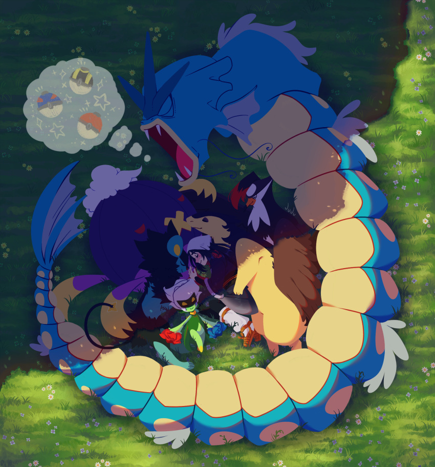 1girl akari_(pokemon) cuddling drifblim flower galaxy_expedition_team_survey_corps_uniform gyarados head_scarf highres hisuian_typhlosion luxray lying on_back on_side poke_ball pokemon pokemon_(creature) pokemon_(game) pokemon_legends:_arceus roserade shade sleeping smile staraptor thought_bubble waifujuju