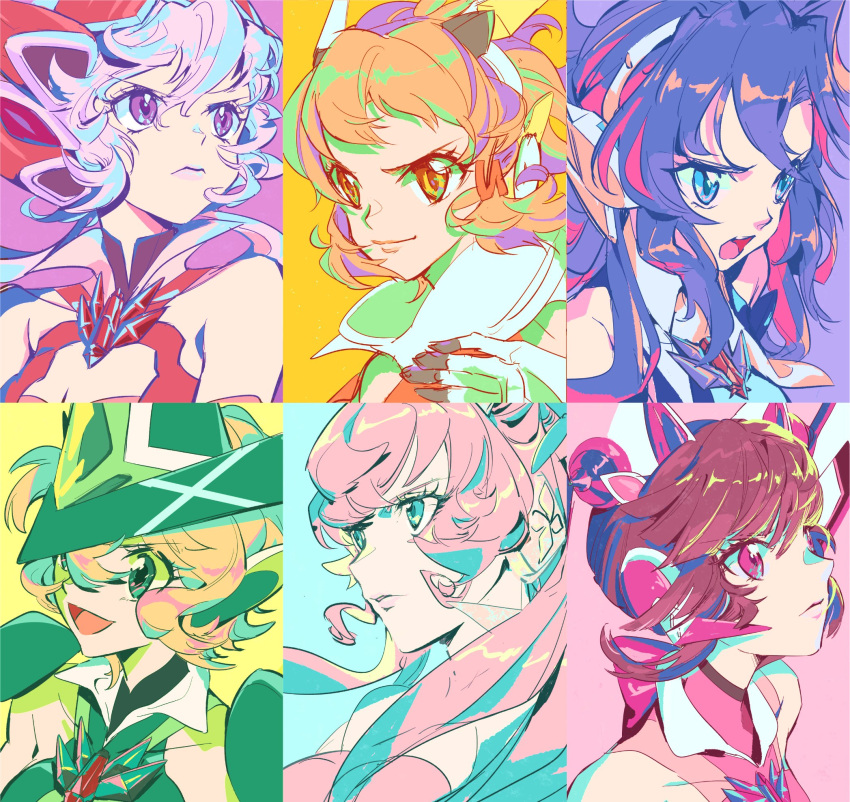 6+girls akatsuki_kirika bangs blonde_hair blue_eyes blue_hair breasts cleavage green_headwear hat headphones highres kazanari_tsubasa looking_ahead maria_cadenzavna_eve multiple_girls open_mouth orange_eyes orange_hair parted_lips pink_eyes pink_hair purple_hair senki_zesshou_symphogear sketch smile tachibana_hibiki_(symphogear) thundergotch tsukuyomi_shirabe twintails v-shaped_eyebrows witch_hat yukine_chris