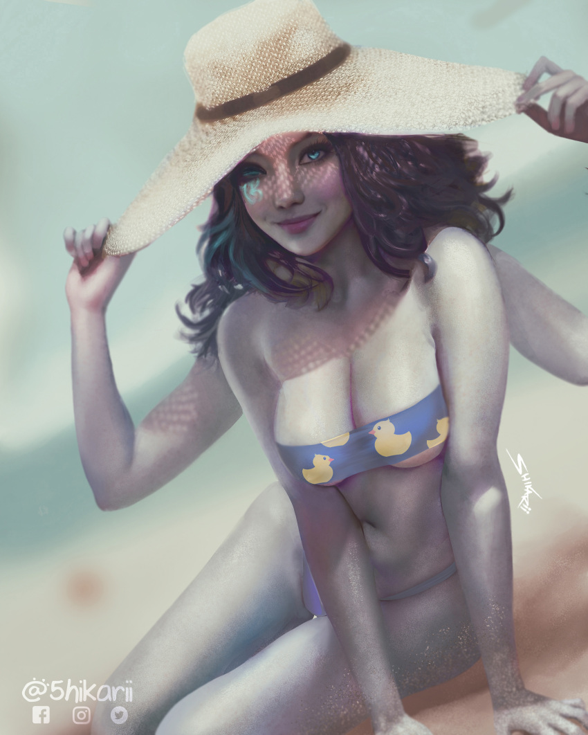 1girl absurdres bare_shoulders beach bikini blue_eyes blue_hair breasts cleavage collarbone colored_skin elden_ring extra_arms facial_mark glowing_tattoo grey_skin hat highres large_breasts looking_at_viewer one_eye_closed ranni_the_witch shikarii sitting smile solo sun_hat swimsuit