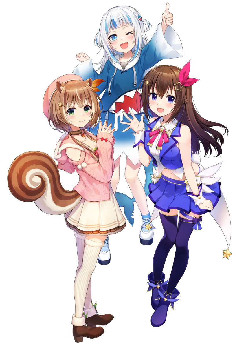 3girls absurdres animal_costume animal_ears artist_request ayunda_risu bangs blue_eyes blue_footwear blue_hair blue_hoodie blue_legwear blue_ribbon blue_skirt blue_vest blunt_bangs brown_hair collared_shirt cropped_shirt cropped_vest diamond_hair_ornament fish_tail gawr_gura gold_trim green_eyes hair_flaps hair_ornament hair_ribbon hairclip highres hololive hololive_english hololive_indonesia hood hoodie leg_ribbon long_hair long_sleeves looking_at_viewer medium_hair midriff miniskirt multicolored_hair multiple_girls one_eye_closed pleated_skirt red_ribbon ribbon shark_costume shark_girl shark_hair_ornament shark_tail sharp_teeth shirt silver_hair skirt sleeveless sleeveless_shirt squirrel_ears squirrel_girl star_(symbol) star_hair_ornament streaked_hair tail teeth thigh_ribbon thighhighs thumbs_up tokino_sora two_side_up vest virtual_youtuber waist_cape white_shirt wide_sleeves wrist_cuffs zettai_ryouiki