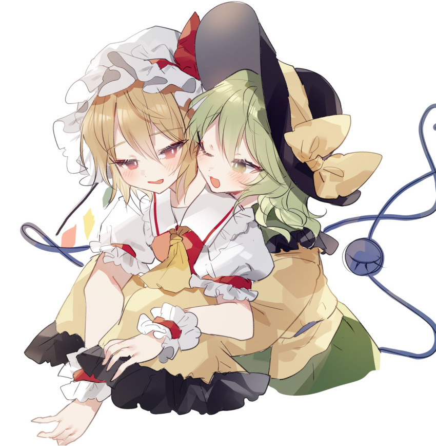 2girls ;d ascot bangs black_headwear blonde_hair bow flandre_scarlet green_eyes green_hair hat hat_bow hat_ribbon highres komeiji_koishi long_sleeves multiple_girls one_eye_closed puffy_short_sleeves puffy_sleeves red_eyes ribbon short_hair short_sleeves simple_background smile sorani_(kaeru0768) third_eye touhou white_background white_headwear wide_sleeves wrist_cuffs yellow_ascot yellow_bow