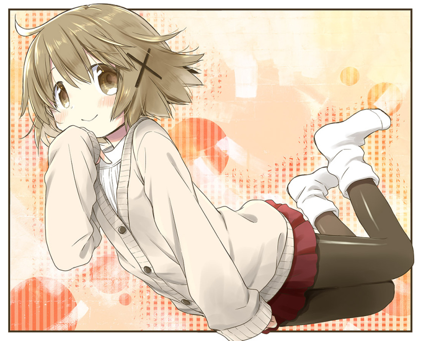 1girl ahoge aoki_ume bent_over black_legwear border brown_eyes brown_hair hair_ornament hand_on_own_cheek hand_on_own_face hand_up hidamari_sketch long_sleeves looking_at_viewer no_shoes official_alternate_costume official_art orange_background pantyhose red_skirt shirt short_hair silk skirt sleeves_past_fingers sleeves_past_wrists smile socks solo white_background white_shirt white_sleeves x_hair_ornament yuno_(hidamari_sketch)