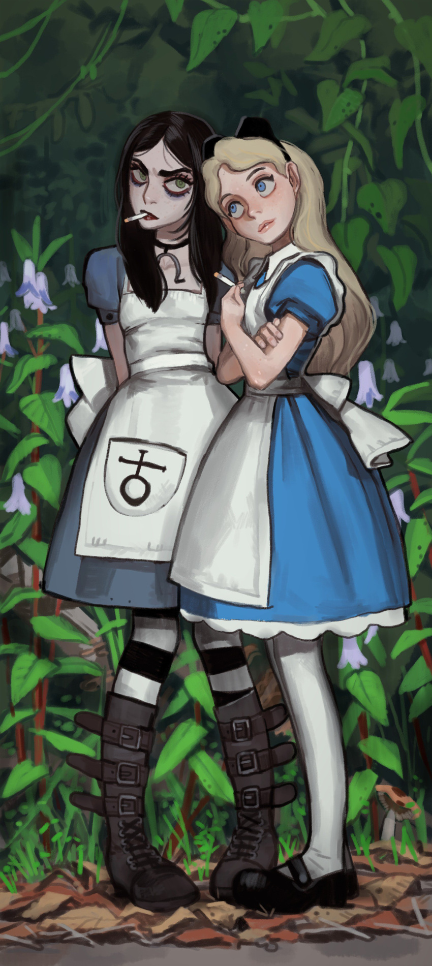 2girls absurdres alice_(alice_in_wonderland) alice_in_wonderland american_mcgee's_alice apron belt_boots black_choker black_footwear black_hair blonde_hair blue_dress blue_eyes boots choker cigarette closed_mouth dark_persona dress dual_persona flower forest frown green_eyes grey_footwear highres holding holding_cigarette horseshoe lipstick looking_at_viewer makeup mary_janes mascara mossacannibalis multiple_girls nature outdoors pale_skin pantyhose pigeon-toed puffy_short_sleeves puffy_sleeves red_lips ringed_eyes shoes short_sleeves smoking striped striped_legwear white_apron white_legwear
