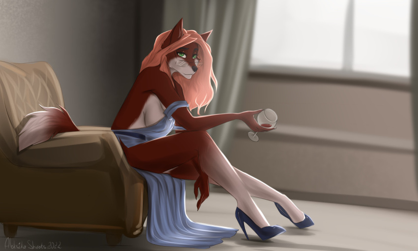 2022 aleksikashvets anthro breasts canid canine clothed clothing digital_media_(artwork) female fingers fox hair looking_at_viewer mammal pink_hair solo