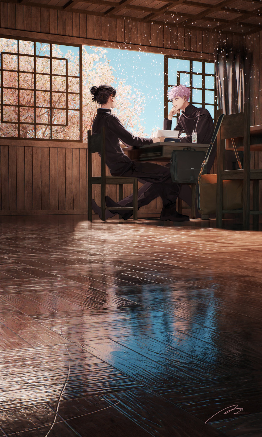 2boys absurdres bag blue_eyes cherry_blossoms classroom clear_sky commentary_request curtains desk getou_suguru gojou_satoru hair_bun hands_on_own_face head_rest highres jacket jujutsu_kaisen looking_at_another male_focus multiple_boys nazumu_(user_jnse8833) reflection school_bag school_uniform short_hair signature sky smile spiked_hair spring_(season) white_hair window wooden_floor