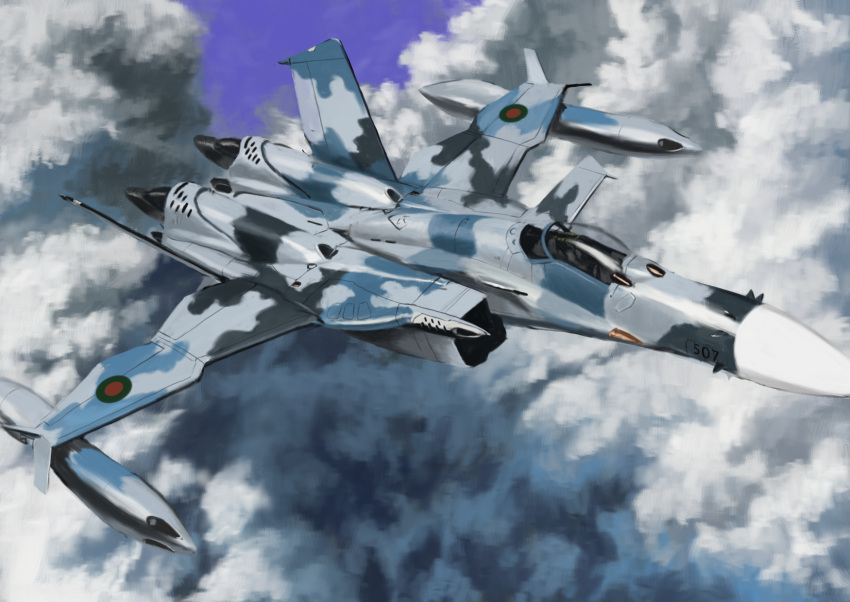 aircraft airplane anti-u.n. camouflage canards cloud commentary_request flying gun highres jet machine_gun macross macross_zero original realistic roundel science_fiction sv-51 user_kcnd2882 variable_fighter weapon