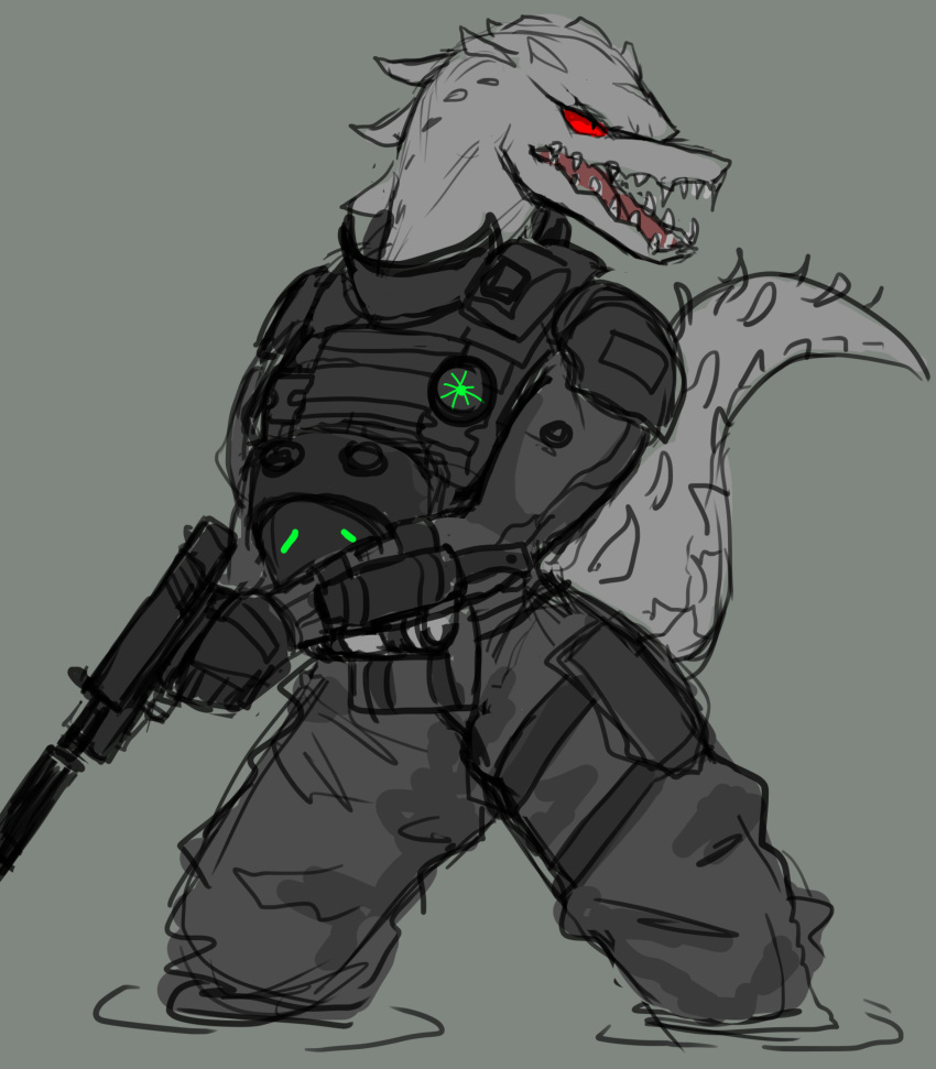 absurd_res alligator alligatorid alternate_version_at_source anthro biped black_eyes bulletproof_vest camo camo_clothing camo_print clothed clothing crocodilian female gun handgun hi_res holding_object holding_weapon im51nn5 open_mouth partially_submerged pattern_clothing pistol raised_tail ranged_weapon red_sclera reptile scales scalie simple_background solo standing teeth tongue weapon white_body white_scales