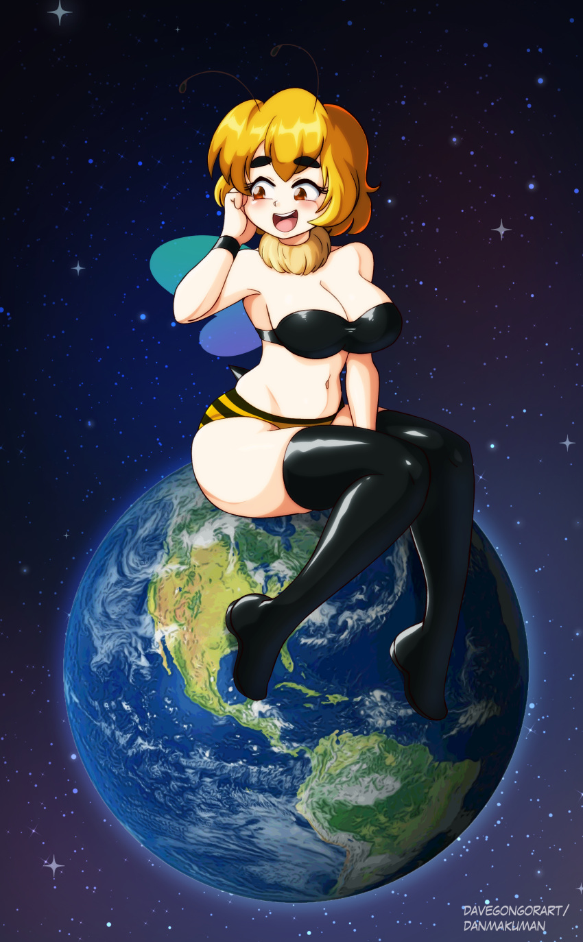 1girl absurdres antennae arthropod_girl bee_girl black_legwear blonde_hair blush breasts cleavage collaboration dakunart danmakuman earth_(planet) giant giantess highres large_breasts monster_girl open_mouth original panties planet smile solo space striped striped_panties thick_eyebrows thighhighs underwear wings