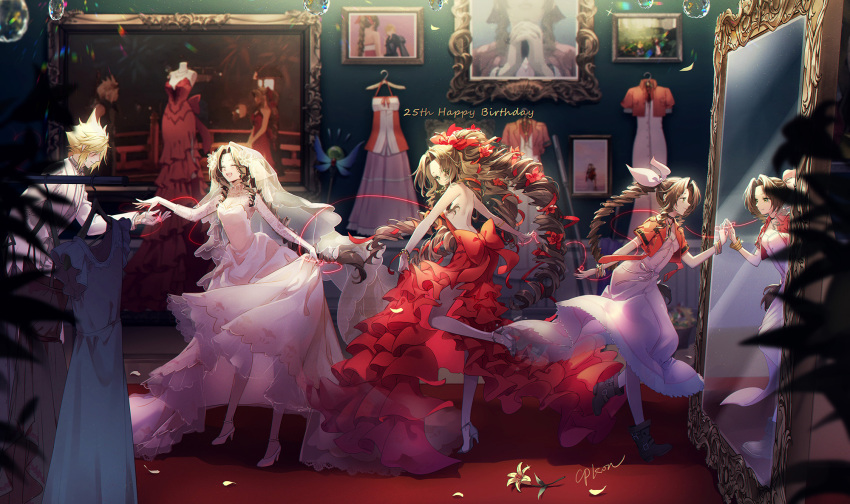 1boy 4girls aerith_gainsborough backless_dress backless_outfit bangs bare_arms bare_shoulders blonde_hair boots bracelet braid braided_ponytail breasts bridal_veil cat_princess choker cleavage clothes_hanger clothes_lift cloud_strife cropped_jacket curly_hair dancing dress dress_lift falling_petals final_fantasy final_fantasy_vii final_fantasy_vii_remake flower green_eyes hair_flower hair_ornament hair_ribbon hidden_eyes high_heels highres jacket jewelry kingdom_hearts kingdom_hearts_ii long_dress long_hair mannequin medium_breasts mirror multiple_girls open_mouth outstretched_hand parted_bangs petals picture_frame pink_dress red_dress red_jacket reflection ribbon ringlets sidelocks smile spiked_hair staff string string_of_fate teeth upper_teeth veil wedding_dress white_jacket