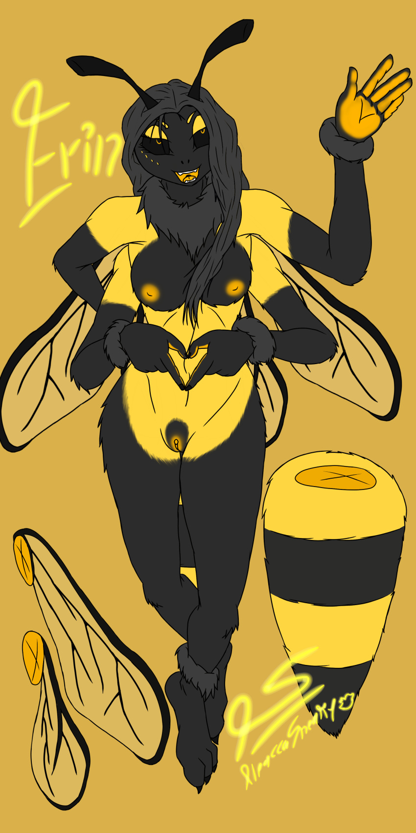 4_arms absurd_res alpaccasneaky anthro arthropod bee breasts clitoris erin female genitals hi_res hymenopteran insect insect_wings multi_arm multi_limb nude pussy solo wings