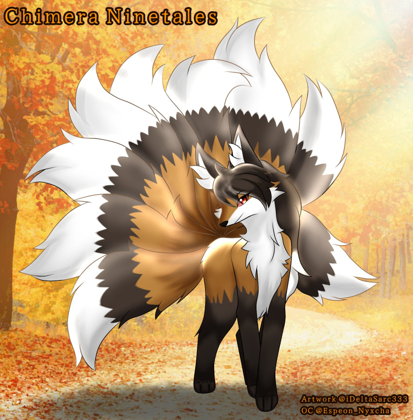 9_tails black_body black_fur black_hair female feral foxxi fur hair head_fur hi_res ideltasarc333 multi_tail ninetales nintendo orange_body orange_fur pok&eacute;mon pok&eacute;mon_(species) red_eyes solo video_games white_body white_fur