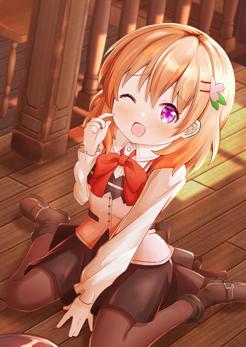 1girl ;d arm_between_legs bangs blush boots bow bowtie brown_footwear buttons collared_shirt flower gochuumon_wa_usagi_desu_ka? hair_flower hair_ornament hairclip hand_on_own_cheek hand_on_own_face highres hoto_cocoa index_finger_raised long_sleeves looking_at_viewer medium_hair miniskirt nervous_smile one_eye_closed open_mouth orange_hair pantyhose pink_shirt purple_eyes rabbit_house_uniform ribbon seiza shirt short_hair sitting skirt smile solo yomogi_dango