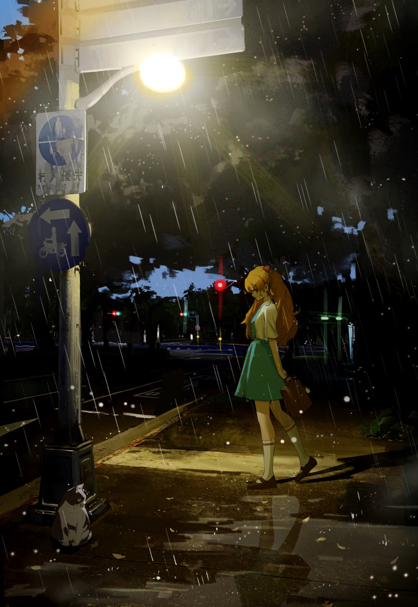 1girl absurdres brown_footwear cat highres hppu8734 neon_genesis_evangelion rain road school_uniform sign souryuu_asuka_langley street tokyo-3_middle_school_uniform_(evangelion)