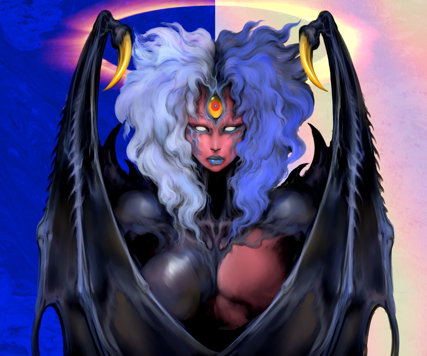 1other absurdres androgynous blue_hair colored_skin extra_eyes highres lips nose red_skin solid_eyes upper_body white_hair wings witnesstheabsurd yu-gi-oh! yu-gi-oh!_gx yubel