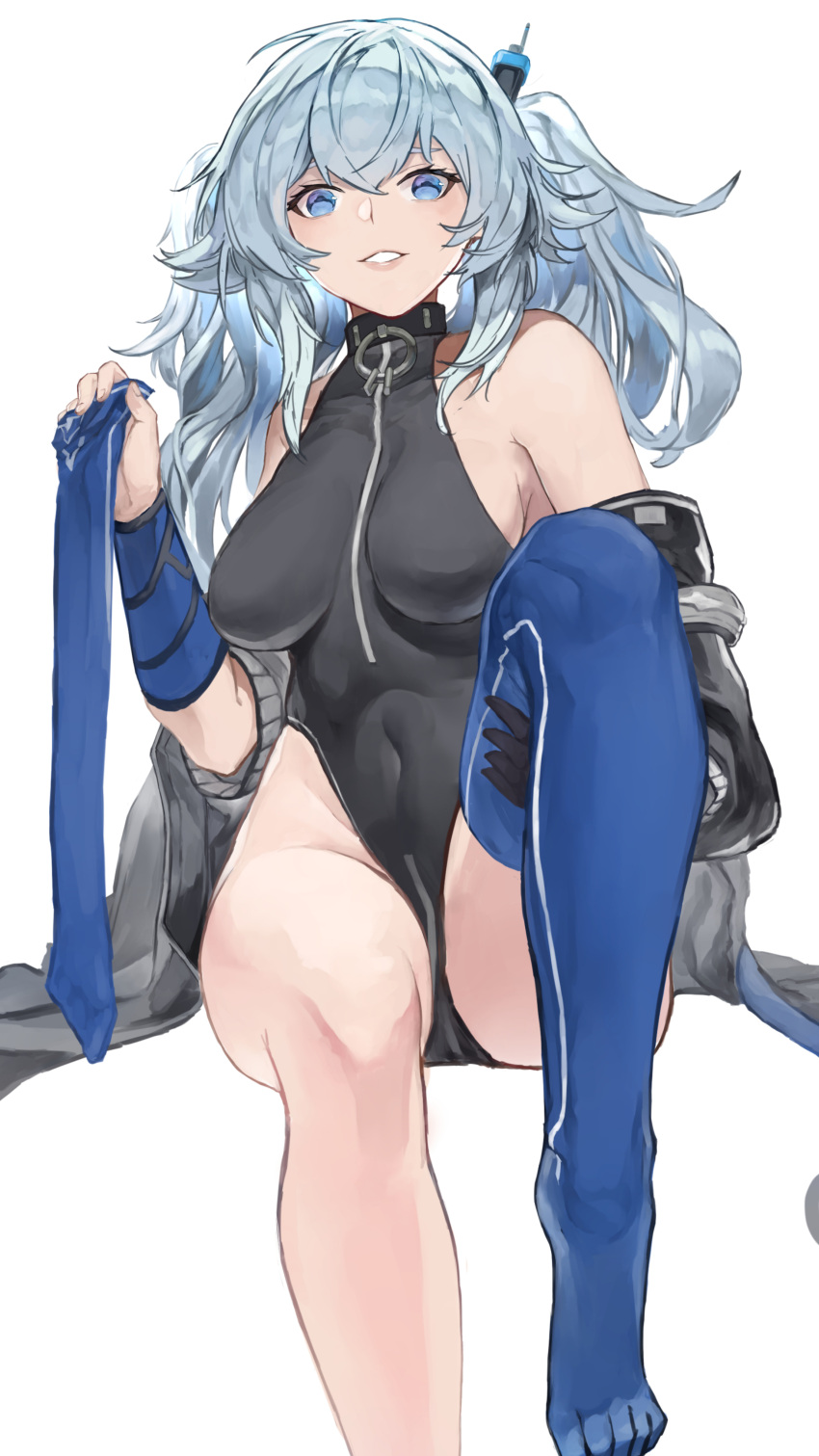 1girl absurdres bangs black_leotard blue_eyes blue_hair blue_legwear breasts girls'_frontline highleg highleg_leotard highres holding holding_clothes holding_leg holding_legwear impossible_clothes jacket jacket_partially_removed kuroa_geha legwear_removed leotard medium_breasts pa-15_(girls'_frontline) sideboob sitting sleeveless smirk twintails white_background