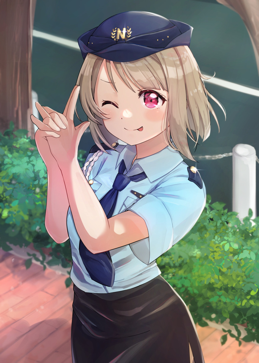 absurdres bangs black_skirt blue_necktie blue_shirt blush bush commentary_request finger_gun hat highres light_brown_hair looking_at_viewer love_live! love_live!_nijigasaki_high_school_idol_club nakasu_kasumi necktie nyako_(utaneko31) one_eye_closed outdoors own_hands_together pencil_skirt pink_eyes police police_hat police_uniform policewoman road shirt short_hair short_sleeves skirt smile solo sparkle street tongue tongue_out uniform v-shaped_eyebrows wing_collar