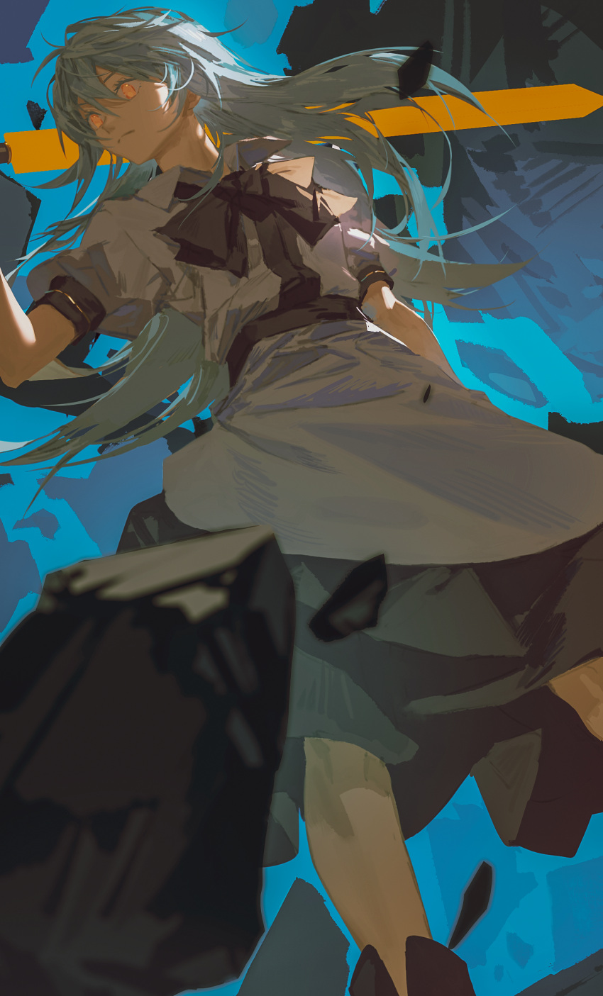 1girl absurdres apron arm_at_side black_bow black_bowtie blue_hair blue_skirt bow bowtie closed_mouth collared_shirt eyebrows_behind_hair feet_out_of_frame floating_hair frown hair_between_eyes hand_up highres hinanawi_tenshi holding holding_sword holding_weapon long_hair looking_afar no_hat no_headwear orange_eyes ouka_musci over_shoulder pebble puffy_short_sleeves puffy_sleeves rock shirt short_sleeves skirt solo sword sword_over_shoulder symbol-only_commentary touhou waist_apron weapon weapon_over_shoulder white_apron white_shirt