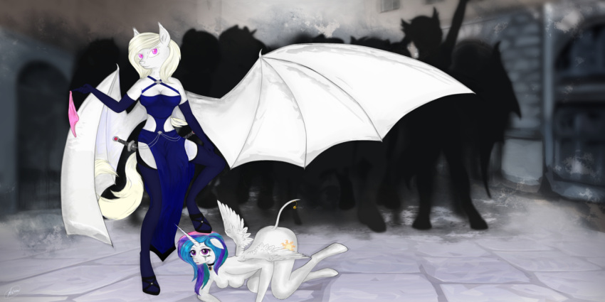 anthro bat_pony bat_wings bodily_fluids clothing crying dominant dominant_female domination/submission duo equid equine female female/female friendship_is_magic fur hair hasbro horn humiliation mammal melee_weapon membrane_(anatomy) membranous_wings my_little_pony nightpony nude oc:albi_light_wing panties pink_eyes princess_celestia_(mlp) sword tagme tears underwear weapon white_body white_fur white_hair winged_unicorn wings